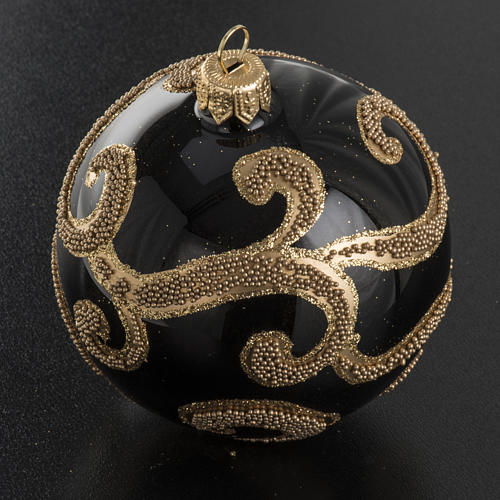 Bola árbol navidad vidrio negro y bordados oro 8 cm. 2