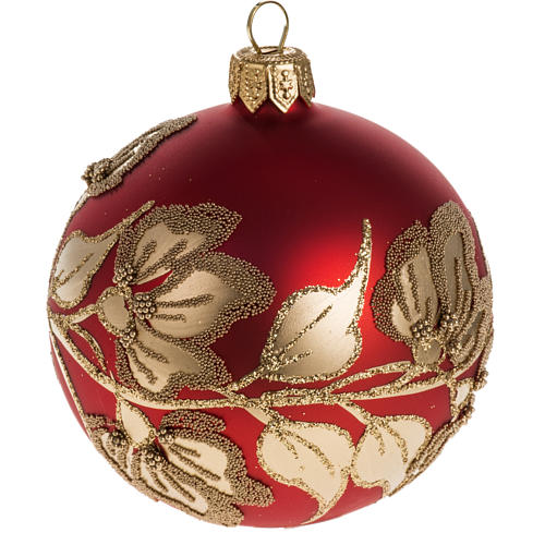 Christmas bauble, red glass with golden plants and flowers, 8cm 1