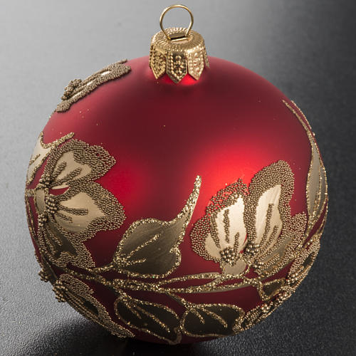 Christmas bauble, red glass with golden plants and flowers, 8cm 2