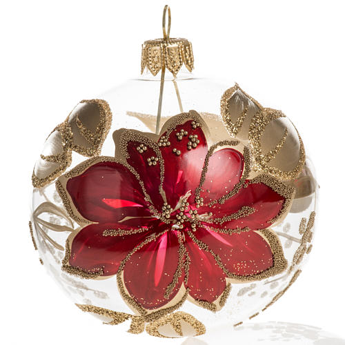 Christmas bauble, transparent glass with red flowers with glitte 1
