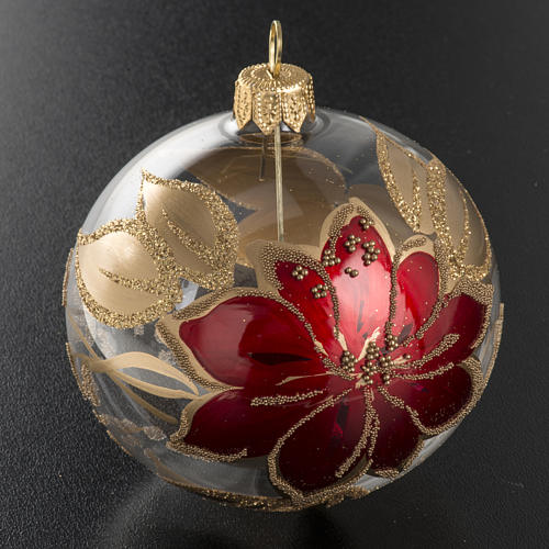 Christmas bauble, transparent glass with red flowers with glitte 2