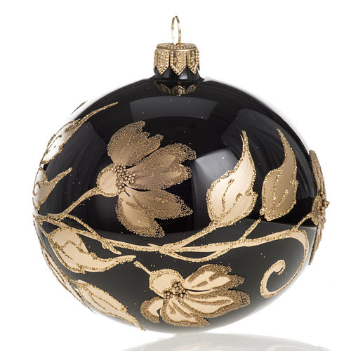 Bola de Navidad vidrio negro decoraciones florales doradas 10 cm 1