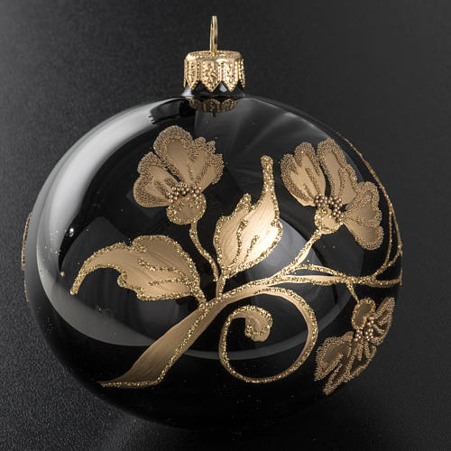 Bola de Navidad vidrio negro decoraciones florales doradas 10 cm 2