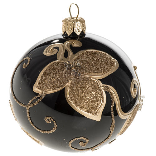 Christmas bauble, black glass and gold flowers, 8cm 1