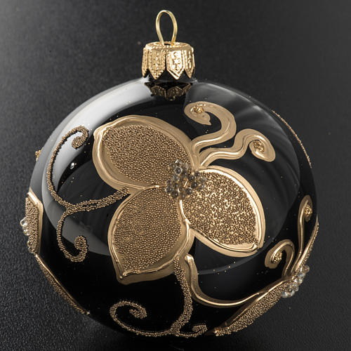 Christmas bauble, black glass and gold flowers, 8cm 2