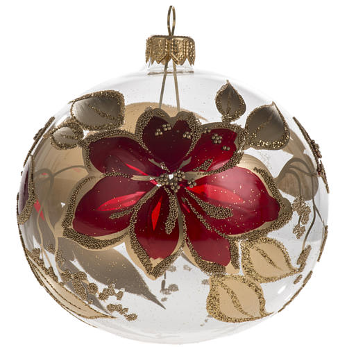 Christmas bauble in blown glass, transparent and red with flower 1