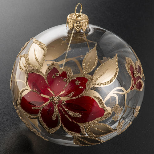 Christmas bauble in blown glass, transparent and red with flower 2