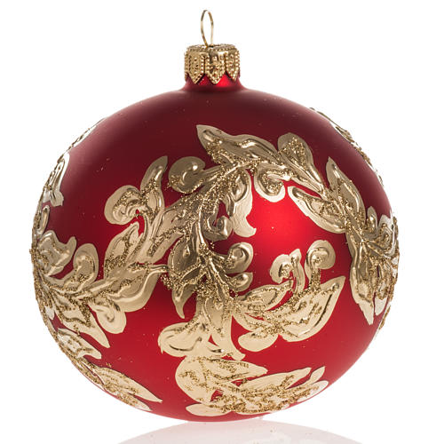 Christmas bauble in blown glass, red with gold leaves, 10cm 1