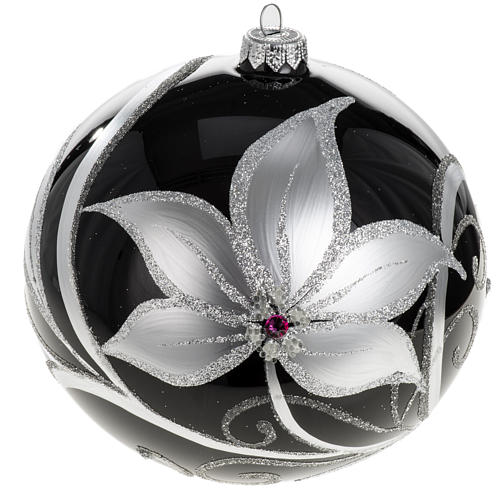 Palla albero Natale vetro nero fiori bianchi 15 cm 1