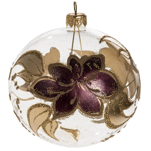 Christmas bauble, transparent glass and purple flower 10cm 1