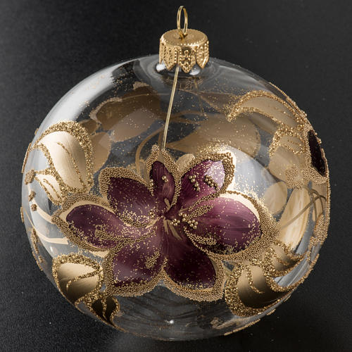 Christmas bauble, transparent glass and purple flower 10cm 2