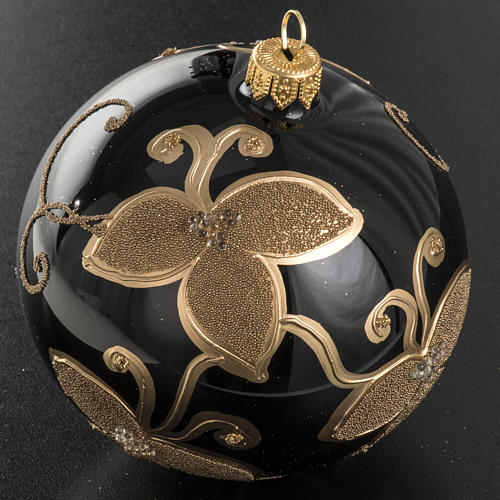Bola de Navidad negra vidrio soplado flor dorada 10 cm. 2
