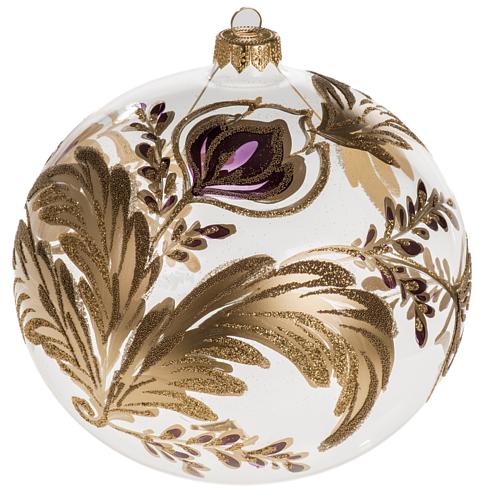 Christmas bauble, transparent blown glass and fuchsia gold flowe 1