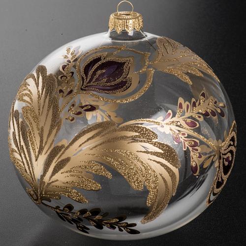 Christmas bauble, transparent blown glass and fuchsia gold flowe 2