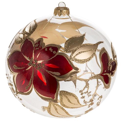 Palla Natale vetro soffiato trasparente fiori rossi oro 15 cm 1
