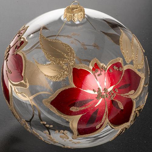 Palla Natale vetro soffiato trasparente fiori rossi oro 15 cm 2