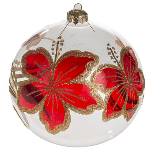 Christmas bauble, transparent blown glass and red flowers 15cm 1