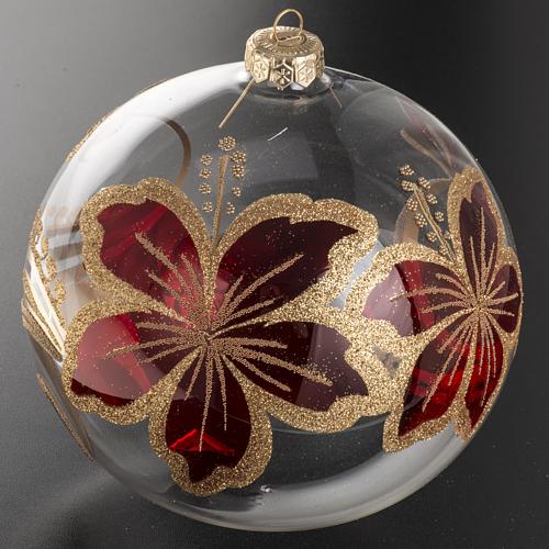Christmas bauble, transparent blown glass and red flowers 15cm 2