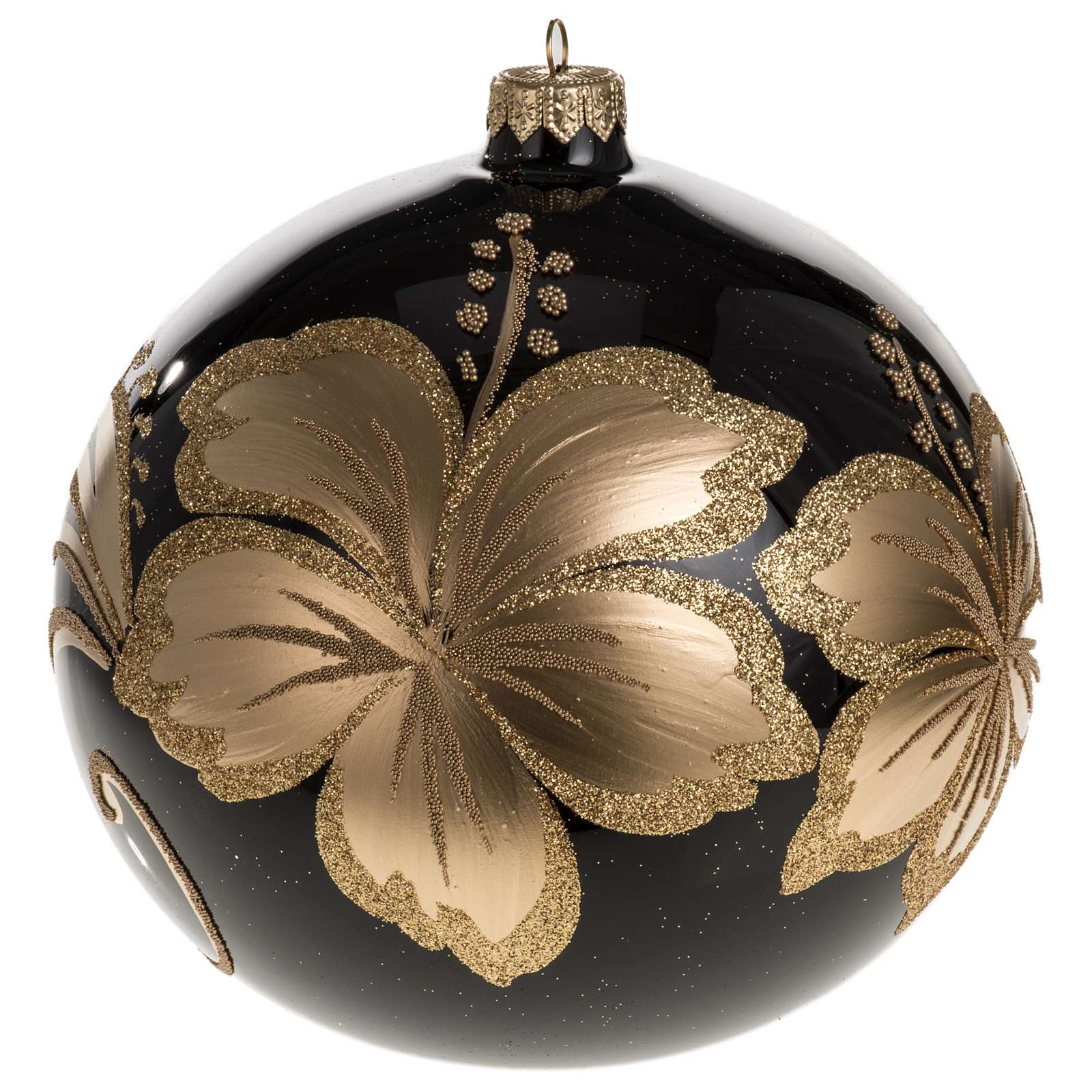 Christmas bauble, black blown glass and golden flower 15cm online