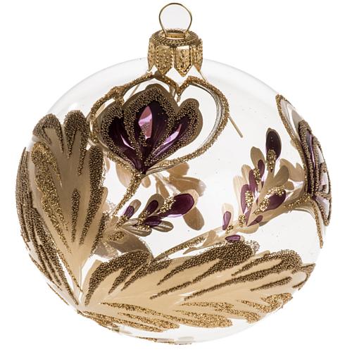 Christmas bauble, transparent glass with fuchsia gold flower 8cm 1