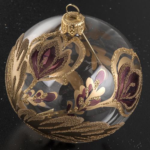 Christmas bauble, transparent glass with fuchsia gold flower 8cm 2
