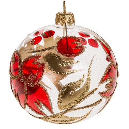 Christmas bauble, transparent glass with red gold flower 8cm 1