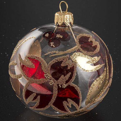 Christmas bauble, transparent glass with red gold flower 8cm 2