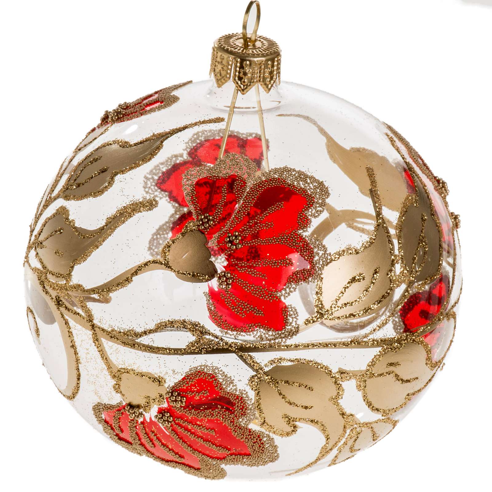 Christmas Bauble, Transparent Glass With Red Decorations 10Cm 4 Christmas Bauble, Transparent Glass With Red Decorations 10Cm 4