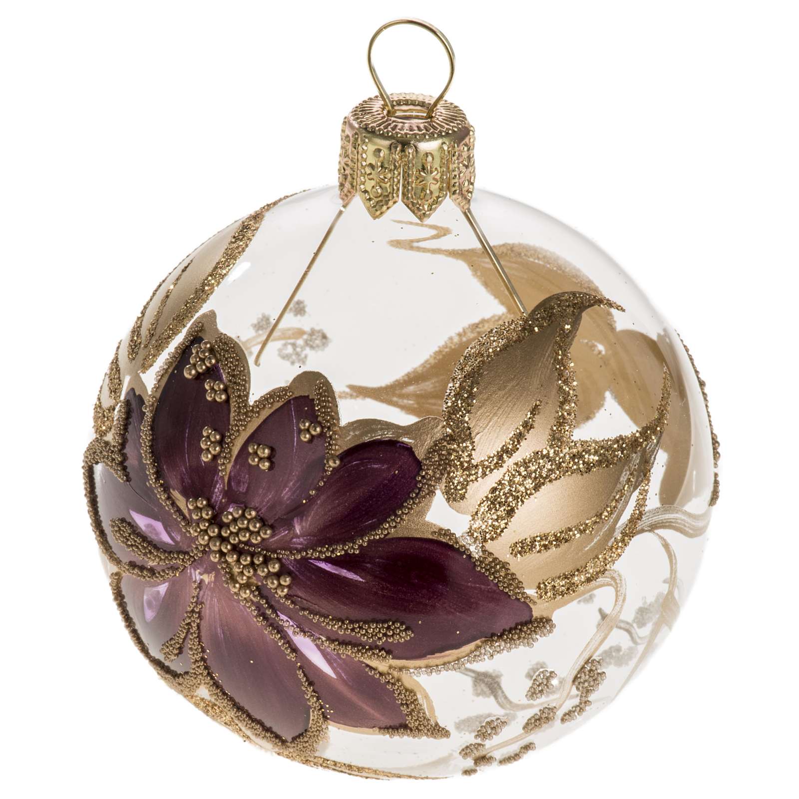 Palla Di Natale Vetro Trasparente Palla Natale vetro trasparente con fiore fucsia oro 6 cm | vendita
