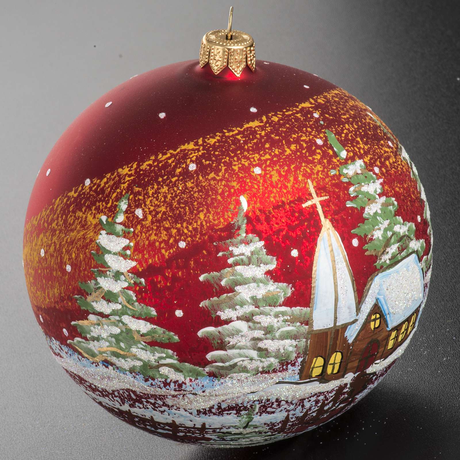Boule de Noel verre rouge paysage 12 cm | vente en ligne sur HOLYART