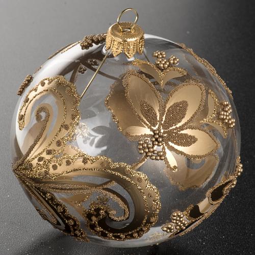 Boule de Noel verre transparent peint fleurs dorées 10 cm 2