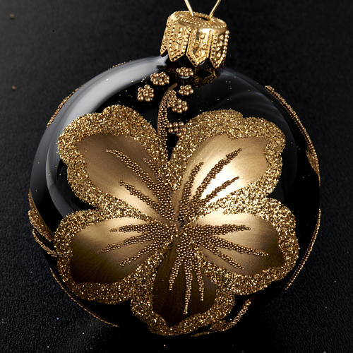 Christmas tree glass bauble, black and gold flower 6cm 2