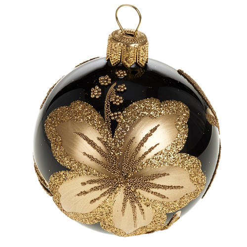 Decoro Albero Natale, palla vetro nero fiore oro 6 cm 1