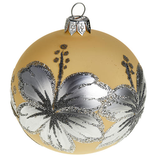 Bola de Natal vidro soprado creme prata hibisco 8 cm 1