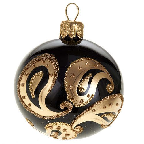 Christmas tree bauble in blown glass, black with gold decor 6cm 1