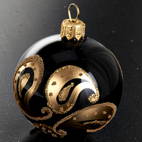 Christmas tree bauble in blown glass, black with gold decor 6cm 2