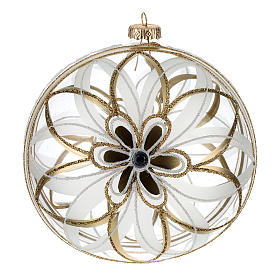Palla Natale vetro soffiato fiore bianco/oro 150mm