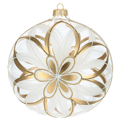 Palla Natale vetro soffiato fiore bianco/oro 150mm 1