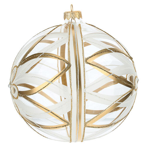 Palla Natale vetro soffiato fiore bianco/oro 150mm 3