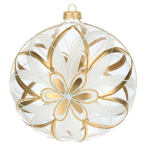 Palla Natale vetro soffiato fiore bianco/oro 150mm 4