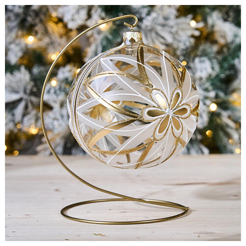 Palla Natale vetro soffiato fiore bianco/oro 150mm 2