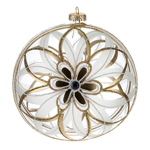 Bola de Natal vidro soprado flor branca/ouro 150 mm 1