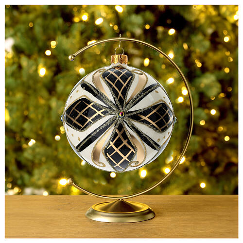 Bola de Navidad vidrio negro, blanco y oro 100 mm 2