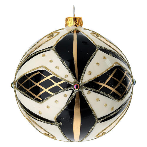 Bola de Navidad vidrio negro, blanco y oro 100 mm 3