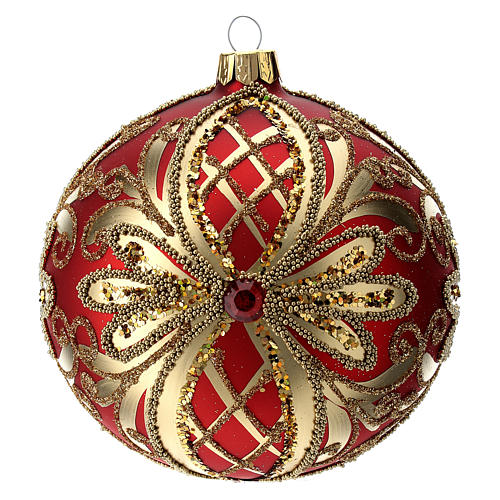 Bombka bożonarodzeniowa  szkło dmuchane  dekoracje czerwone i złote z brokatem 100mm 3