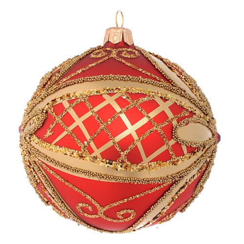 Bombka bożonarodzeniowa  szkło dmuchane  dekoracje czerwone i złote z brokatem 100mm 2