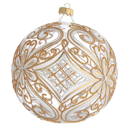 Bombka bożonarodzeniowa  przezroczysta z dekoracjami  białymi i złotymi 150mm 2
