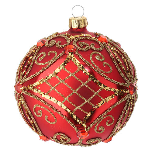 Tannenbaum Kugel rotes Glas mit Dekorationen 100mm 4