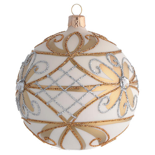 Christmas Bauble cream & gold with silver flowers 10cm 2