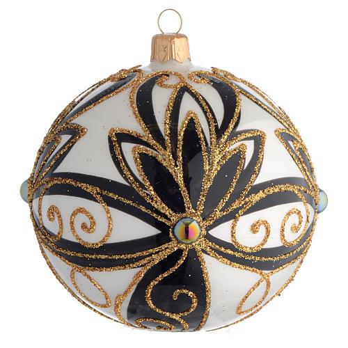 Christmas Bauble shiny black and gold with flowers 10cm 1